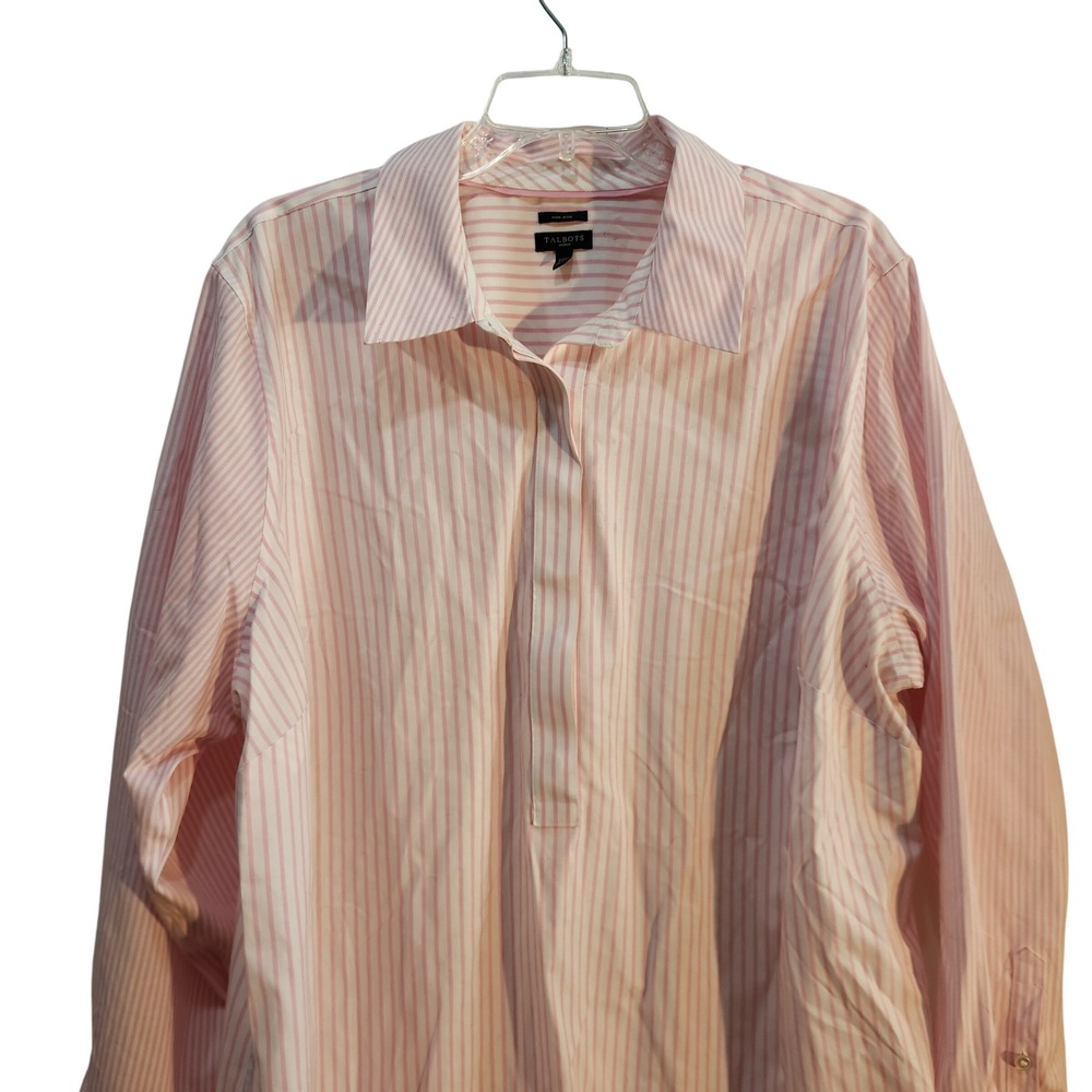 Talbots Woman Pink White Striped Non-Iron Tunic Shirt Plus Size 22W Side Buttons